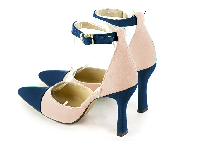 Navy blue and powder pink women's open side shoes, with a strap around the ankle. Tapered toe. Very high spool heels. Rear view - Florence KOOIJMAN